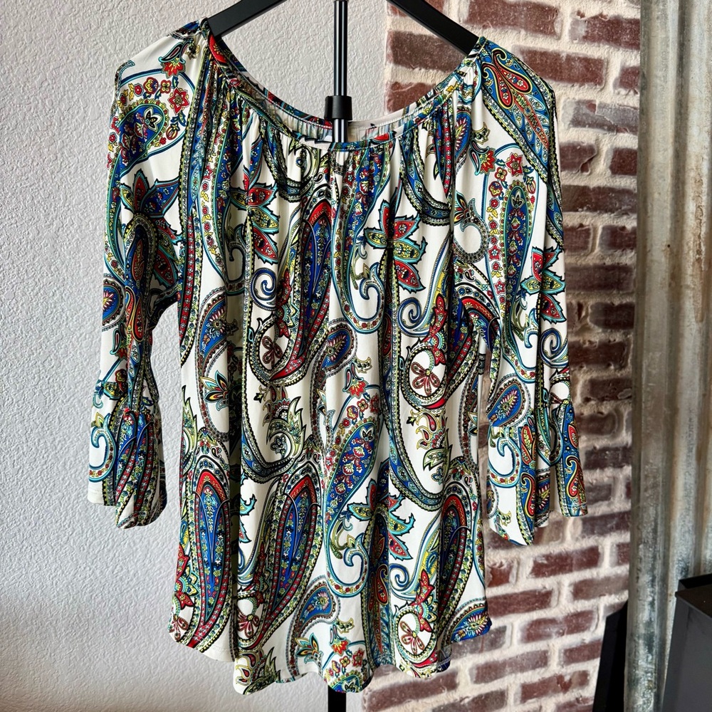 Cavenders R Rouge Western Paisley Women's Top, Size Large Shirt 3/4 Bell Sleeves
